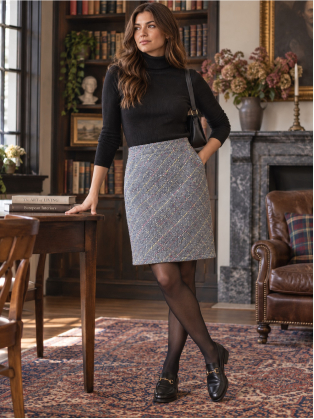 Boucle Skirt Women 10 OtreerrE Midi Wool Blend Tweed Dark Academia Preppy Blue